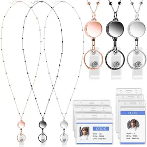 3 count Lanyard Necklace for Id Badges, Beaded Badge Lanyards with  Id Card Holders, Stainless Steel Badge Chain with Retractable Badges Reel Clips for Adults, Nurse, Teacher