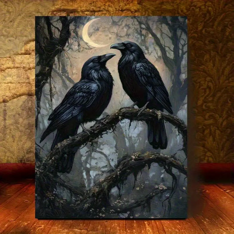 1 Piece Gothic Victorian Era Crow Wall Decoration - Two Crows on Branch Canvas Print, Textured Dark Wood Frame - Living Room, Bedroom, Office Hanging Decoration - Halloween, Christmas, Mother's Day Gothic Home Gift, Gothic Room Decoration, Ready-to-Hang A