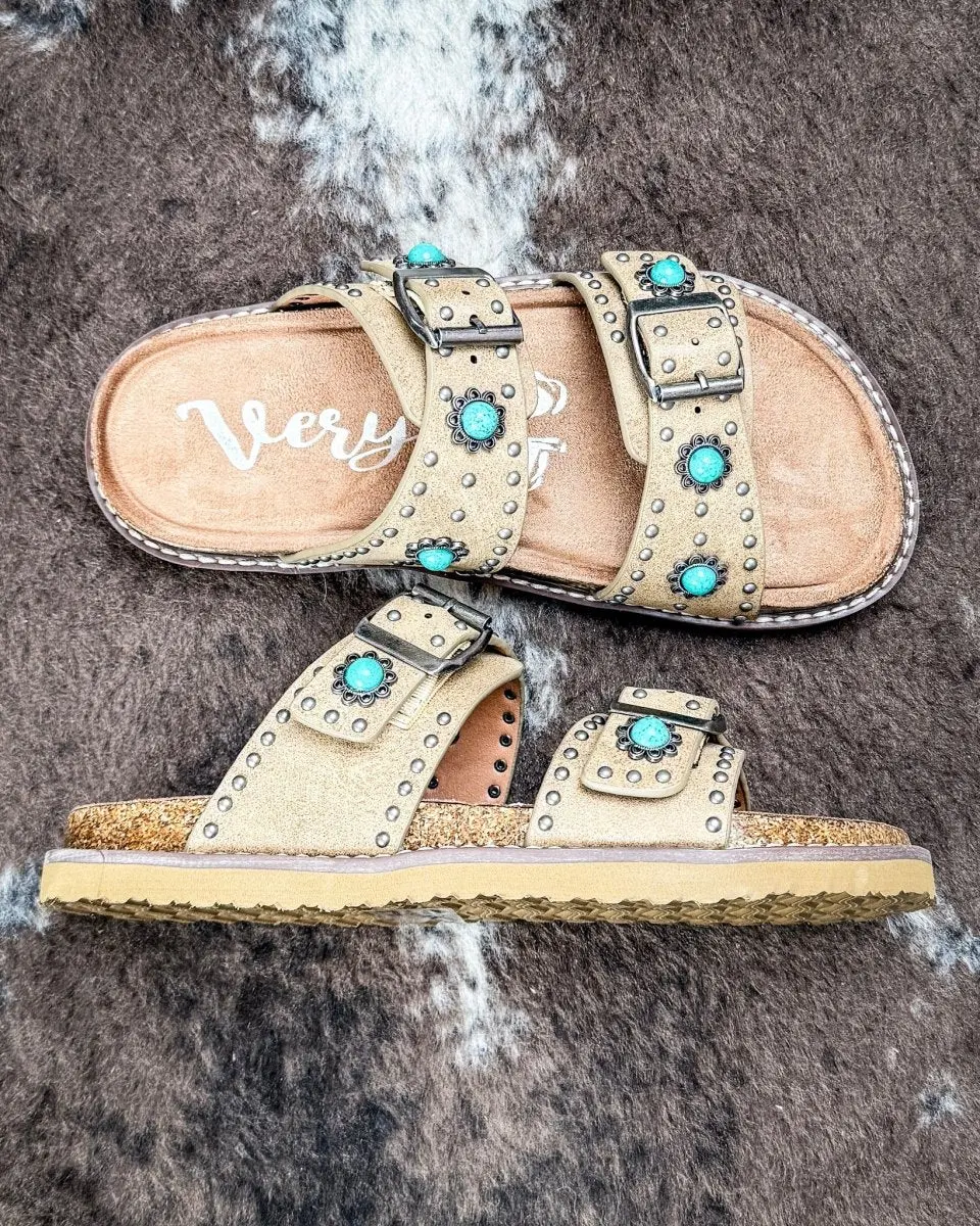 Women's Very G Connie Concho Flat Sandal - Taupe, Soft Leather Shoe with Decor Accents