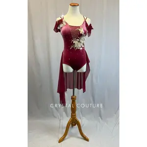 Custom Wine Velour Leotard with Maroon Mesh Skirt and Appliques