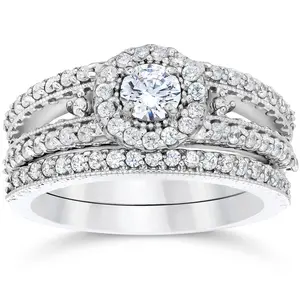 1 Carat Vintage Halo Diamond Engagement Wedding Ring Set 14K White Gold