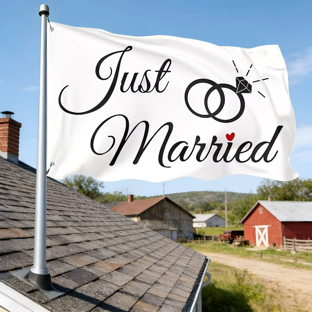 "just Married" Wedding Theme 2D Flat Banner, Polyester Decorative Flag, Multiple Sizes, Metal Hooks Included, Ideal for Weddings and Parties