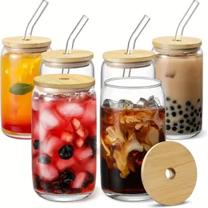 jm6pcs, 16oz Can Shaped Drinking Glasses with Bamboo Lids and Glass Straws - Perfect for Beer, Iced Coffee, Soda, Boba Tea, and Cocktails - Includes 2 Free Cleaning Brushes uh