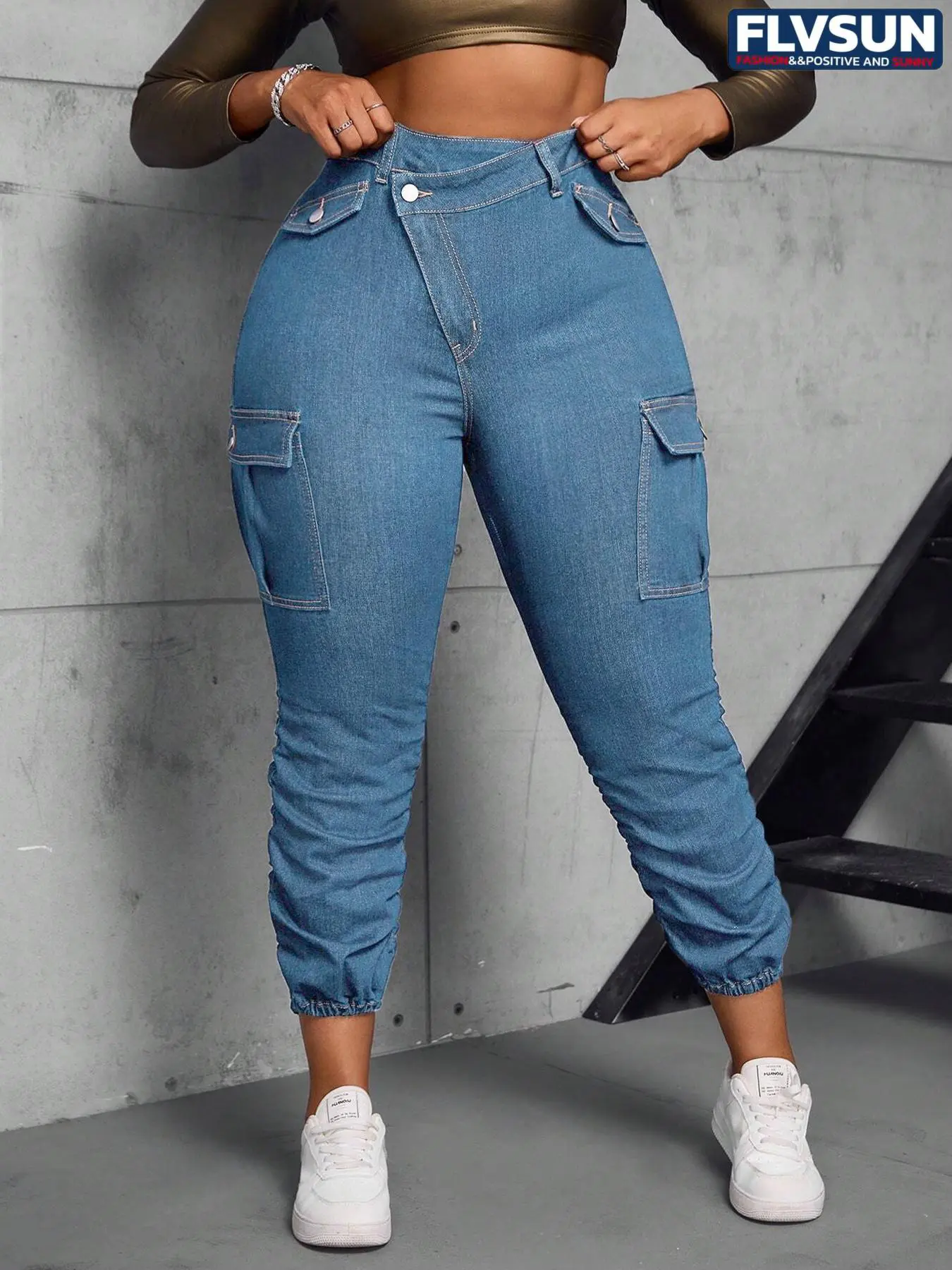 Flvsun Women's Plus Size Carrot Jeans - Casual High Rise Washed Denim Streetwear with Pockets, Curvy Clothing for Holiday & Daily Wear, Women's Clothing Essential, Plus Size Clothes, Jeans For Women