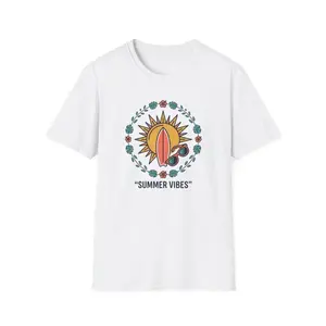 Sun, Surfboard & Floral Wreath T-Shirt | "Summer Vibes"