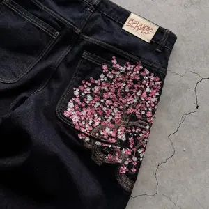 Baggy jeans Cherry Blossom Selvedge Embroidery Denim Pants men women denim fabric American Hiphop Streetwear Wide Leg Jeans Casual Floral