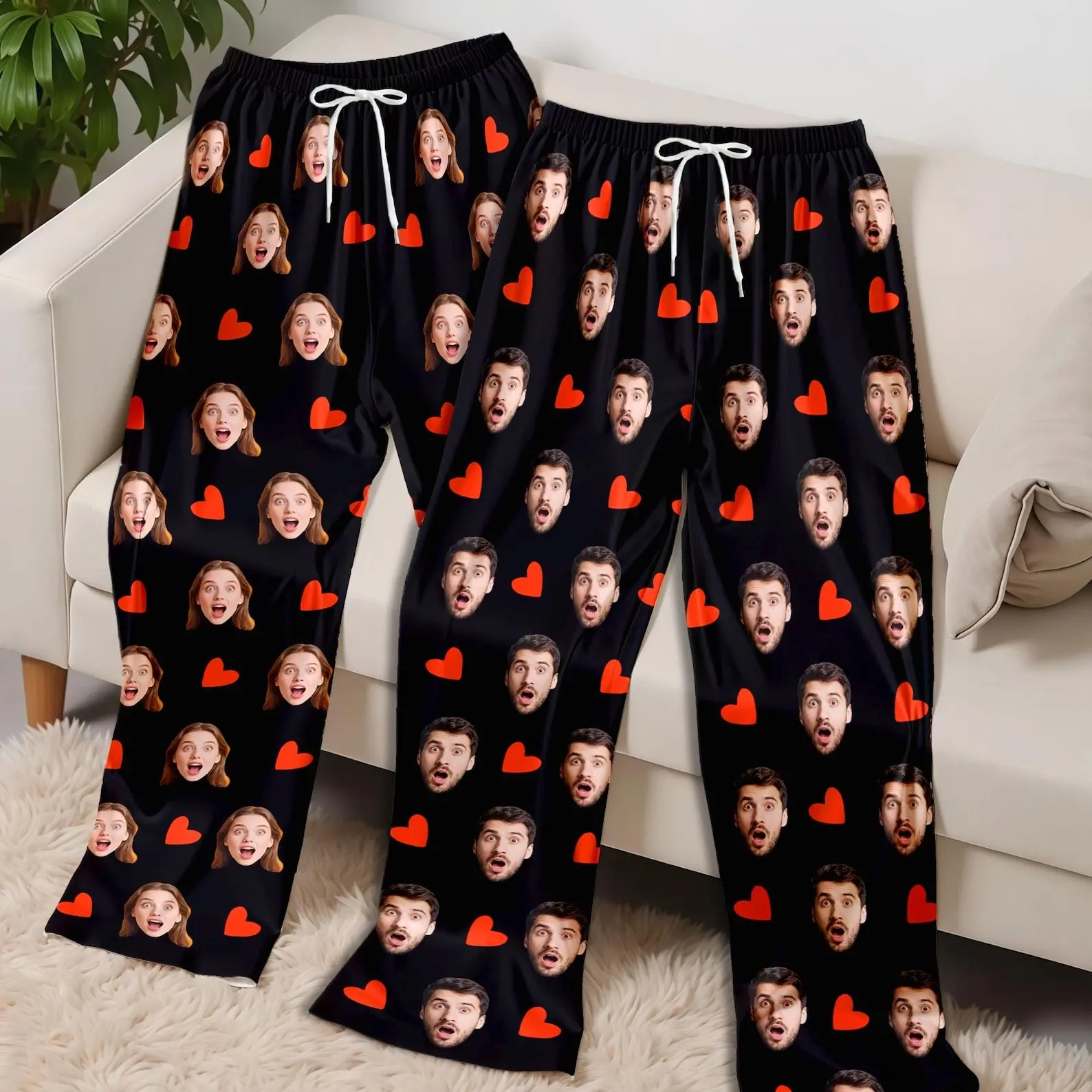 Custom Photo Pajama Pants, Personalized Face Pajama Pants with Red Hearts, Funny Couple Gift, Unisex Lounge Sleep Pants