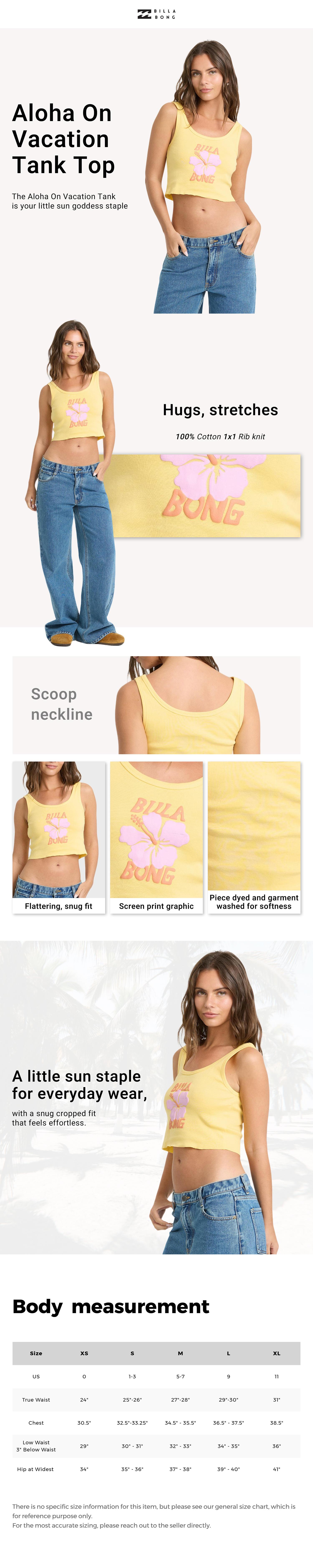 BILLABONG Aloha On Vacation Tank Top - Sundress, Women’s Cropped Cotton Rib Tank, Scoop Neck, Garment Wash Screen Print, for Summer Beach & Everyday Style