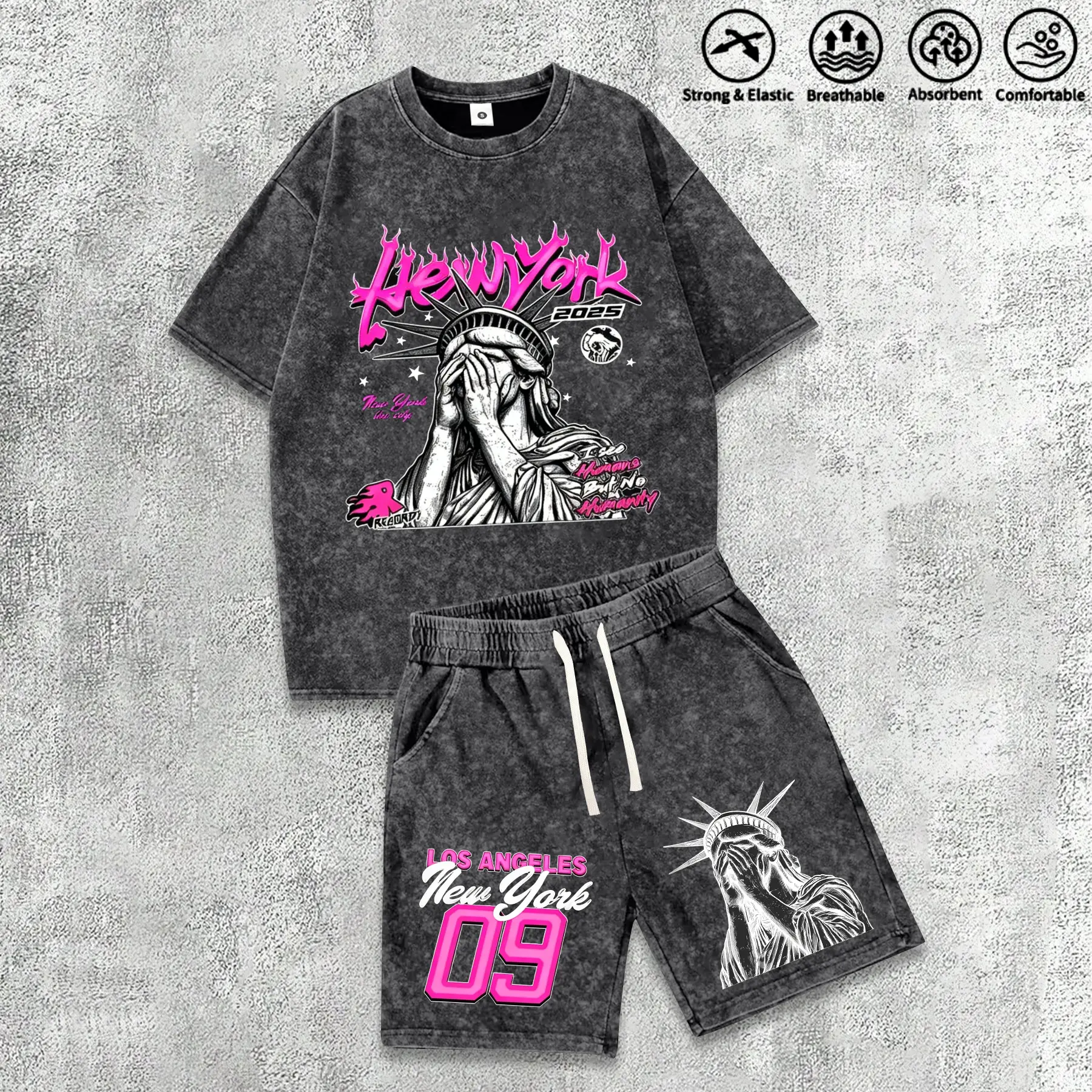 Men's Fashion Cotton Casual Sports T-Shirt & Shorts Set — American streetwear Y2K personalized letter print with unique design. Made of comfortable, breathable and lightweight cotton fabric. Perfect for surfing, basketball and daily wear, suitable for all