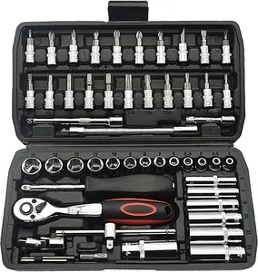 Socket Wrench Set 53PCS 1/4 Inch Ratcheting Wrenches with Extension Bar & Gimbal Slide Bar for Automotive Repair and Home Use