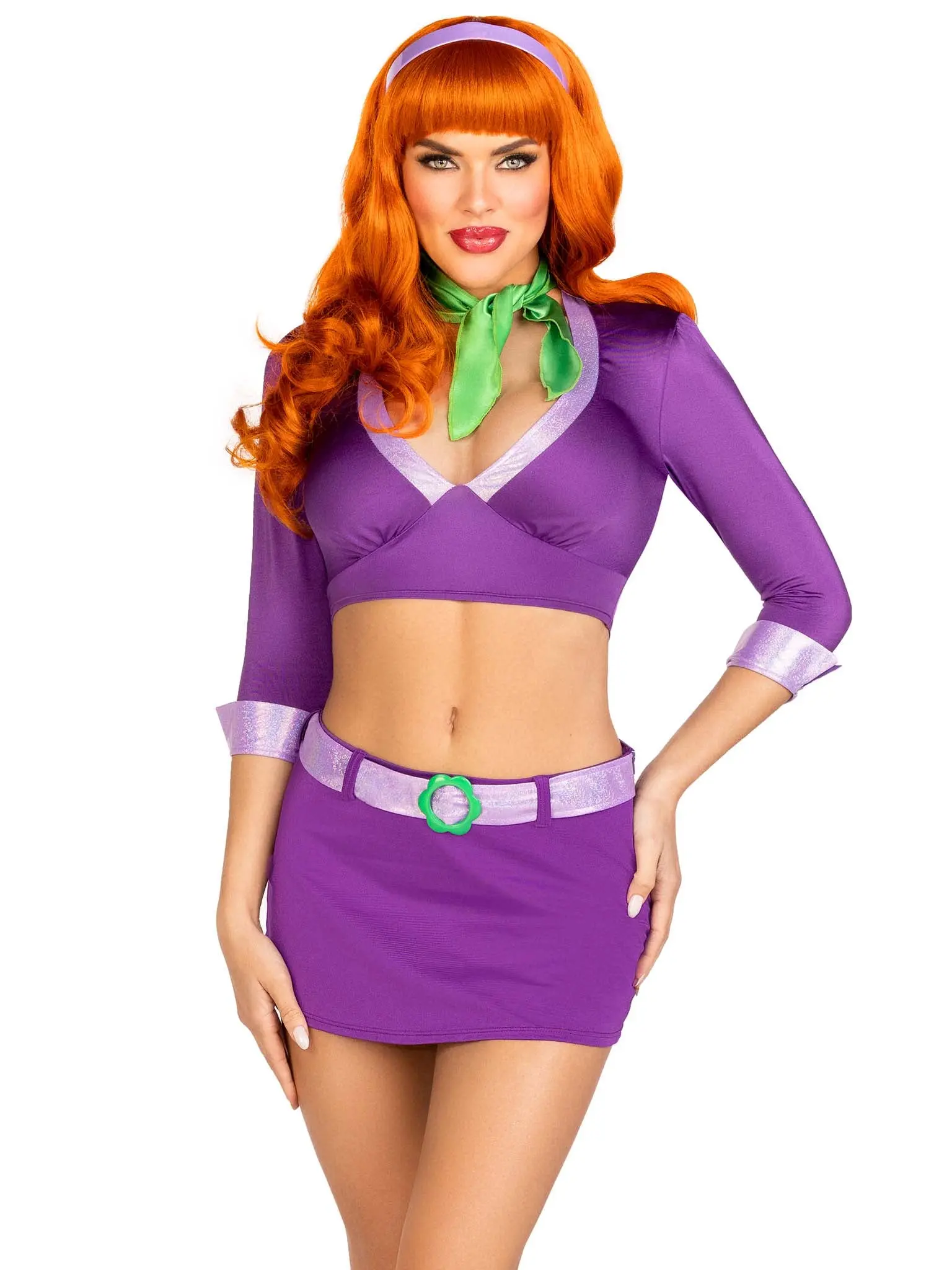 Leg Avenue Women's Sexy Meddling Cutie Daphne Halloween Costume - 5-Piece Set with Purple Dress, Crop Top, Green Scarf, Purple Headband, Cute Party Wear Accessories, Clothes, Fit, Skirt