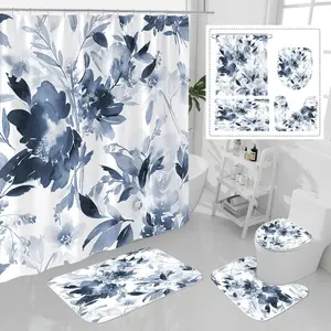 Blue watercolor floral pattern, 4-piece shower curtain set, modern bathroom decoration, with carpet (bath mat, U-shaped, toilet lid) and 12 durable hooks, non slip floor mat, waterproof shower curtain, polyester fiber