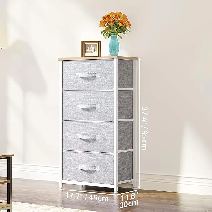 DWVO Chest of Drawers with 4 Drawers,Bedroom Drawers, Fabric Dresser with Wood Top,Drawer storage unit for for Bedroom, Living room,Kids room,Light Grey