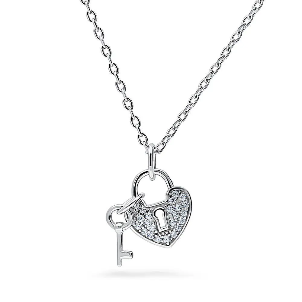 BERRICLE Sterling Silver Key and Lock Heart Pendant Necklace for Women, Cubic Zirconia CZ 16 inch