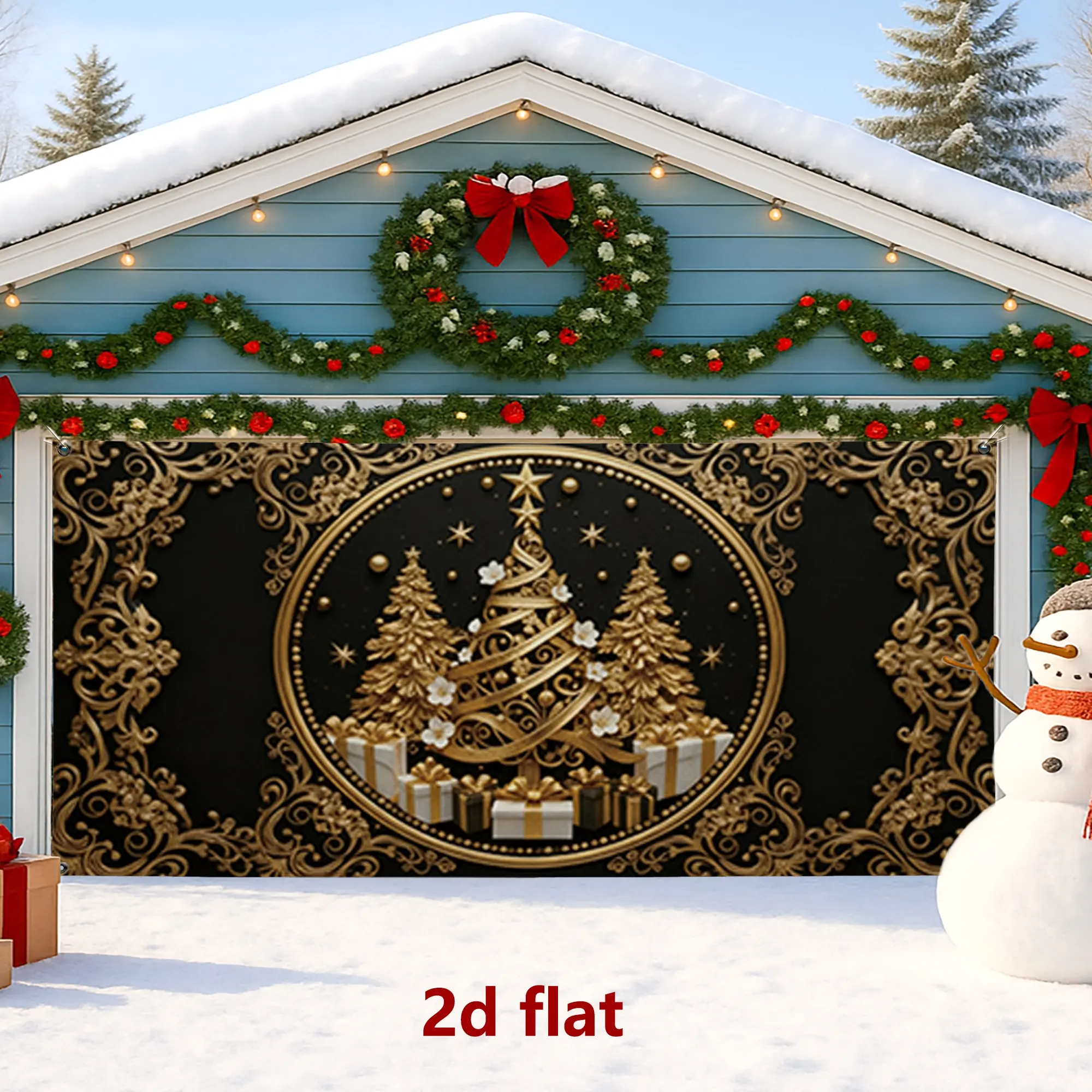 1pc 2d flat Christmas Tree Garage Door Cover, Elegant Gold and Black Decorative Garage Door Decorations, Winter Indoor and Outdoor Holiday Party Decor