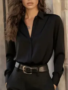 Women's Plus Size Elegant Solid Color French Hidden Placket Commuter Career Formal Fitted Long Sleeve Blouse Shirt Tops, Office Wear, Stylish Business Attire