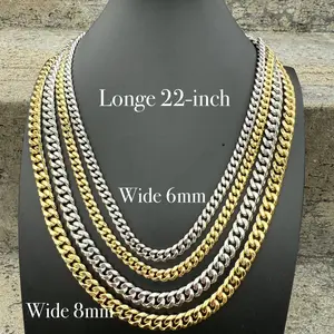 Pyrexta Jewelry 6/8mm Stainless Steel Curb Cuban Chain Necklace for Men 22-inch 14k Gold & Silver Color Link Chain Durable & Versatile