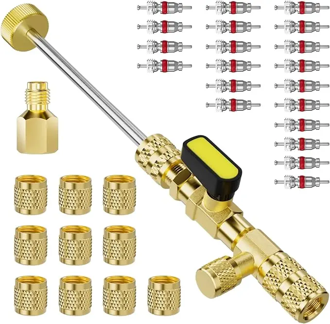 Valve Core Remover Installer Tool, Dual Size SAE 1/4" & 5/16" Brass Adapter, Schrader Valve Tool for R22 R410A Refrigerant Systems, HVAC AC Repair Kit (1 Remover + 31 Accessories), Professional Grade