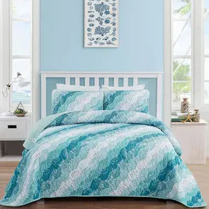 Summer Coastal Quilt Set  Size, Blue Green  Beach Themed Bedding Set Seawave Seashell Conch Starfish Microfiber Lightweight Bedspread Coverlet Bed Set  Season (68x86 Inch)