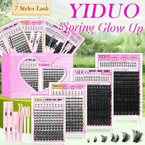 YIDUO 2 Box Eyelash Book Kit 2 Pcs Bond and Seal Included | 646 Pcs Eyelash Extension Kit 200D + 300D + Bunny + Wispy + Bottom Lash Clusters Mix Style D Curvature Volume Soft Individual False Eyelashes With Remover & Tweezers | Perfect for Beginners