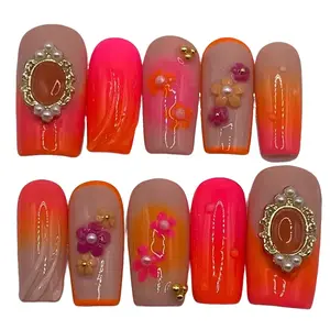 Handmade neon pink and orange ombré press on nails