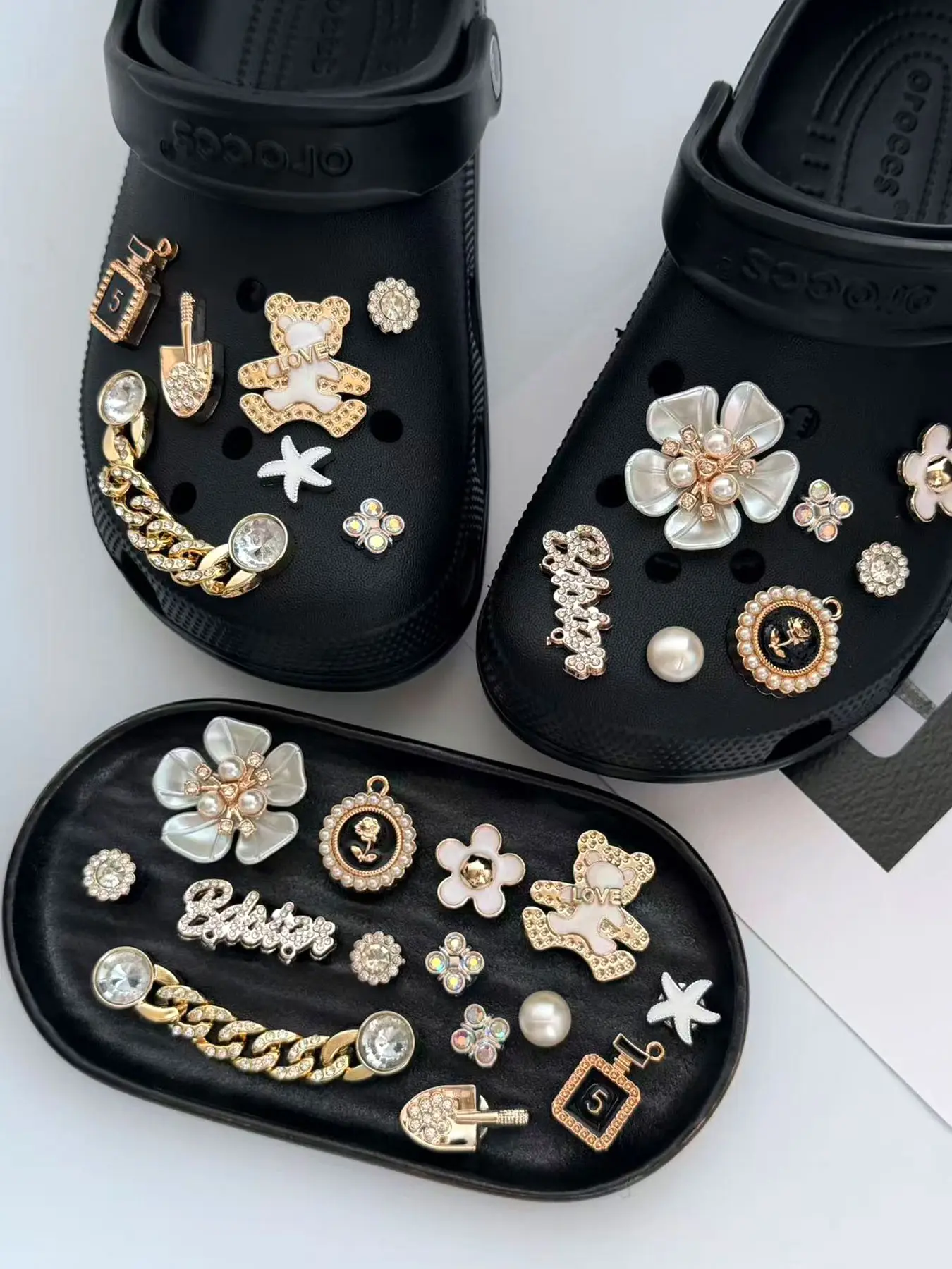 14-Piece Hole Shoe Buckle Set, Rhinestone Teddy Bear Flower Chain Design, Luxurious Trendy Style, Hole Shoes Decoration Accessories, Shoe Embellishment Set, Shoe Charms