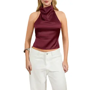 Women's Mock Neck Satin Tank Sleeveless Backless Solid ColorCorporate Outfits