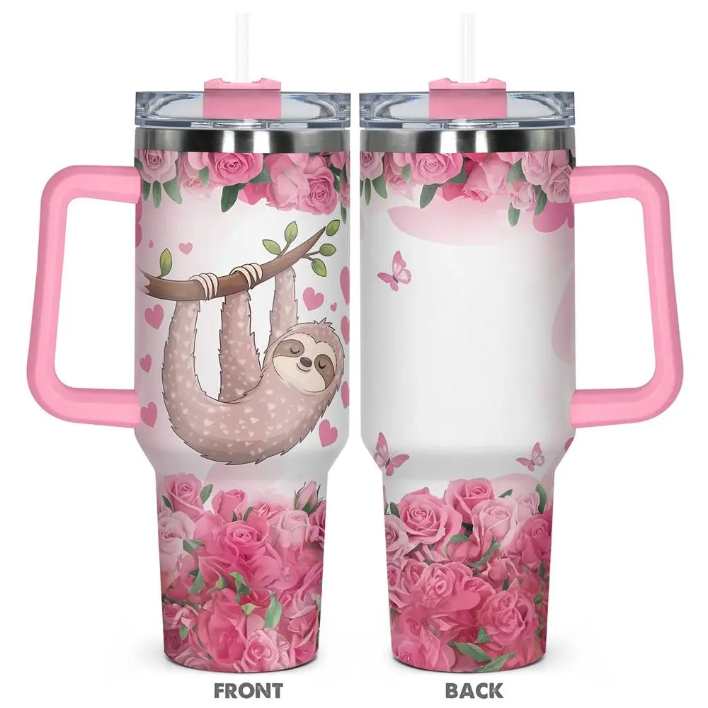 Sloth & Flower Pattern Tumbler, 40oz Stainless Steel Water Bottle, Insulated and Durable, Gift for Any Occasion, Drinkware