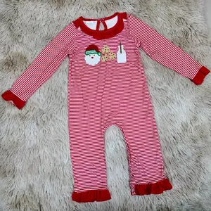 Long sleeves santa cookies milk embroidery stripe baby girls Christmas romper