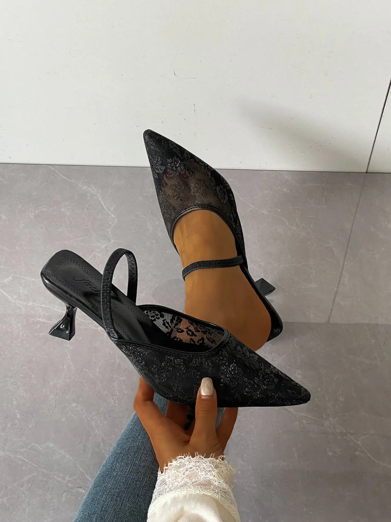 Women's  Lace Mesh Pointed Toe Slingback Kitten Heel Mule Sandals, Dark Feminine Chic Style, Comfy Evening Shoes, Pointed Toe Mules, Kitten Heels Mules