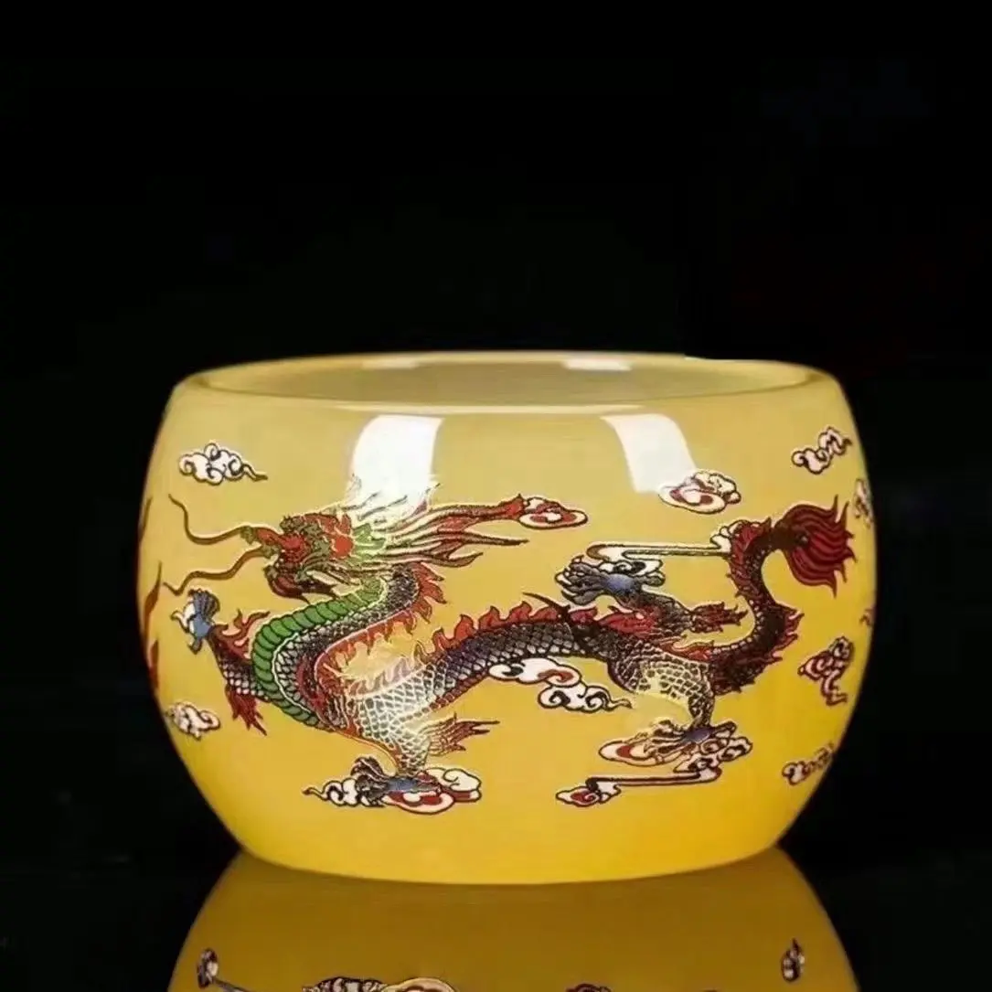 Traditional Royal Amber Jade Color Handmade Teacup - Versatile Kitchen Drinkware for Drinking Tea and Alcohol, Ideal for Alcohol Enthusiasts and Collecting, Mastercrafted Cup & Saucer Item, Masterpiece Craftsmanship