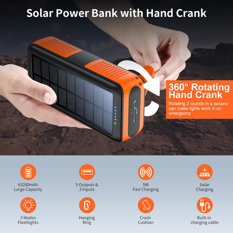 Solar Charger Power Bank 63200mAh Portable Dual Outputs Dual Inputs 4 LEDs Flashlight Hand Crank Solar Charging Fast Charging Battery Pack for Outdoor Camping Emergency Gear