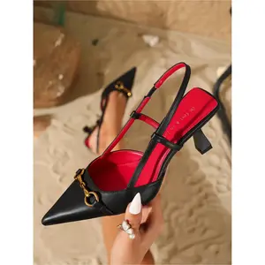 Chic Pointed-Toe Leather Slingback Kitten Heels with Metal Bit Detail, Stylish Fashion Footwear, Perfect for Brunch Dates, Office Looks, Casual Outings and Daily Elegant Style