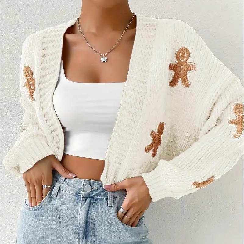 Women's Gingerbread Man Crop Cardigan - Autumn/Winter Longsleeves V-Neck Knitting Sweater with Christmas Embroidery, Casual Tops, Knit Fabric, Clothes, Casual Wear, Polyester Knit, Crop Length, Cartoon Print, Dry Clean