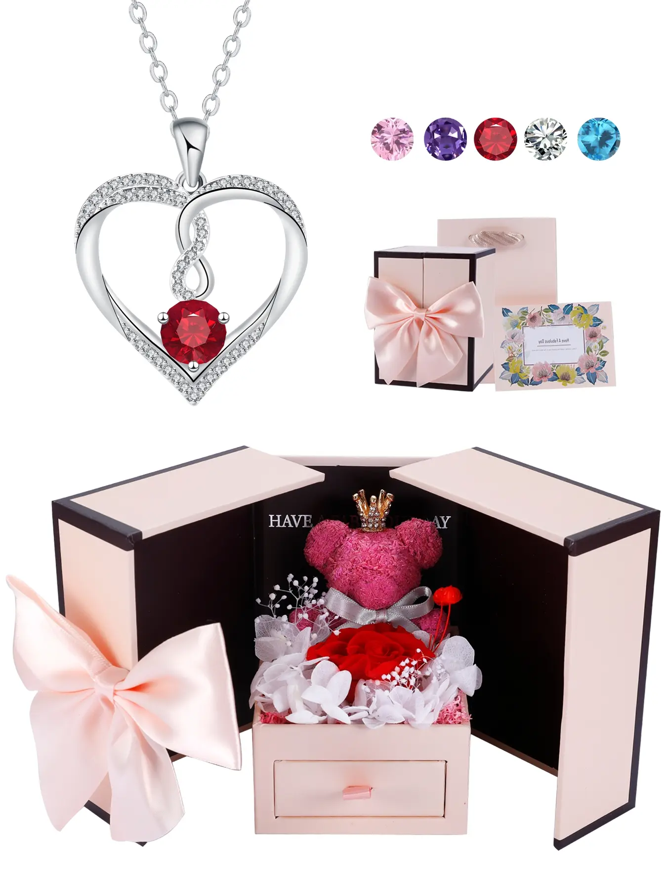 Infinity Forever Love Pendant Necklace With Moss Bear Rose Jewelry Gift Box, CZ Heart Pendant Necklace for Women, Birthday Anniversary Mothers Day Jewelry Gifts for Wife Mom Girlfriend, Heart Shaped Necklace, Heart Design Necklace
