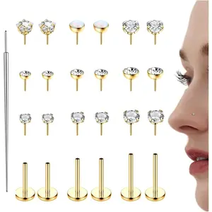 ZELORES 25Pcs 14K Gold Plated Threadless Nose Studs for Women Men 316L Stainless Steel Labret Stud Push In Nose Ring Stud Monroe Lip Rings CZ Opal Flat Back Nose Piecing Jewelry 1.5mm 2mm 3mm Small Hoop Earrings Set minimalist elegant fashion