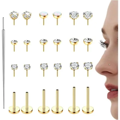 ZELORES 25Pcs 14K Gold-Plated Threadless Stud Set - 316L Stainless Steel Labret, Push-In CZ Opal Flat-Back Jewelry (1.5mm,2mm,3mm) for Women, with Small Hoop Earrings, Nose Piercing & Threadless Piercing Essentials, Minimalist Appeal, Daily Wear