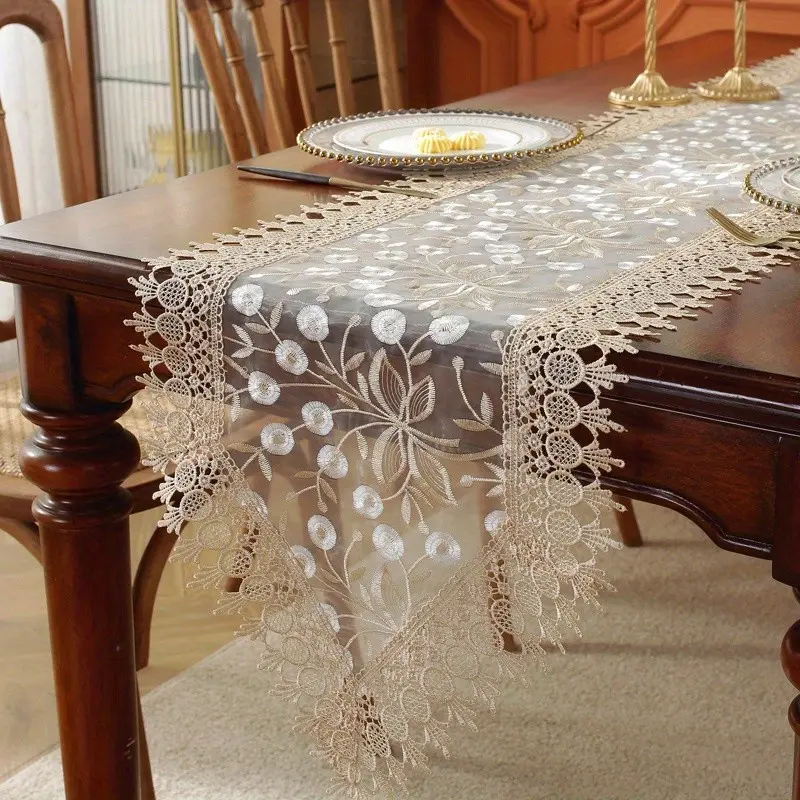 1pc Pointed Table Runner, Polyester Organza Fabric, Embroidered Dandelion Flowers, Lace Trim, Decorative Home Decor, Party, Wedding