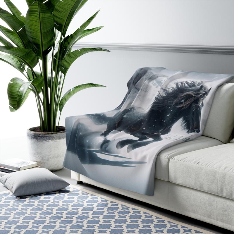 Wild Black Horse Winter Sherpa Fleece Blanket Gift For Her or For Him Soft and Cozy Snow Scene Present for Animal Lover Nature Inspired