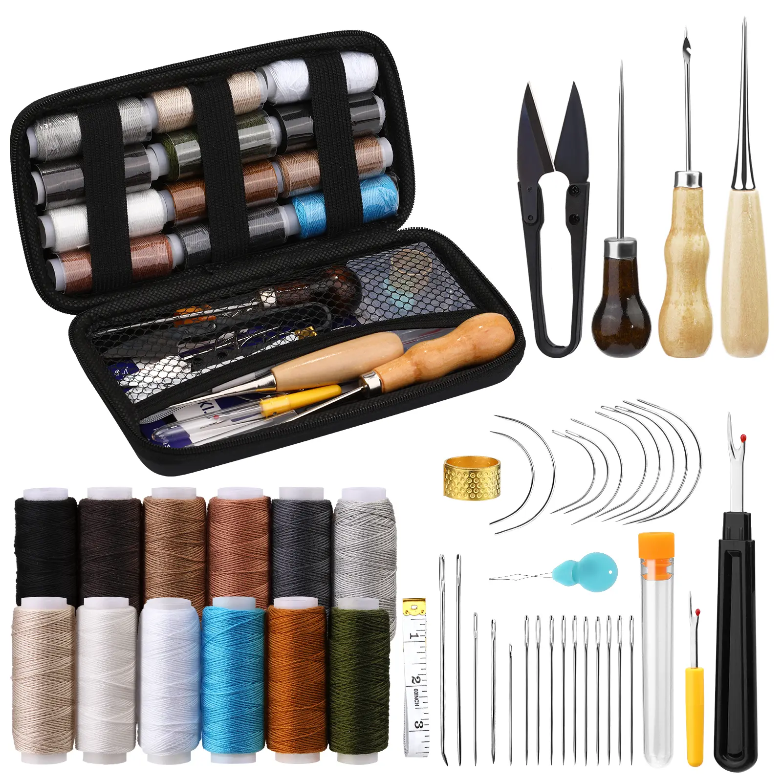 Unberr 48 Pieces Heavy Duty Sewing Kit With Sewing Awl, Seam Ripper, Leather Hand Sewing Stitching Needles, Sewing Thread For Car, Sofa, Backpack, Shoe, Craft DIY Upholstery Restoration Kit