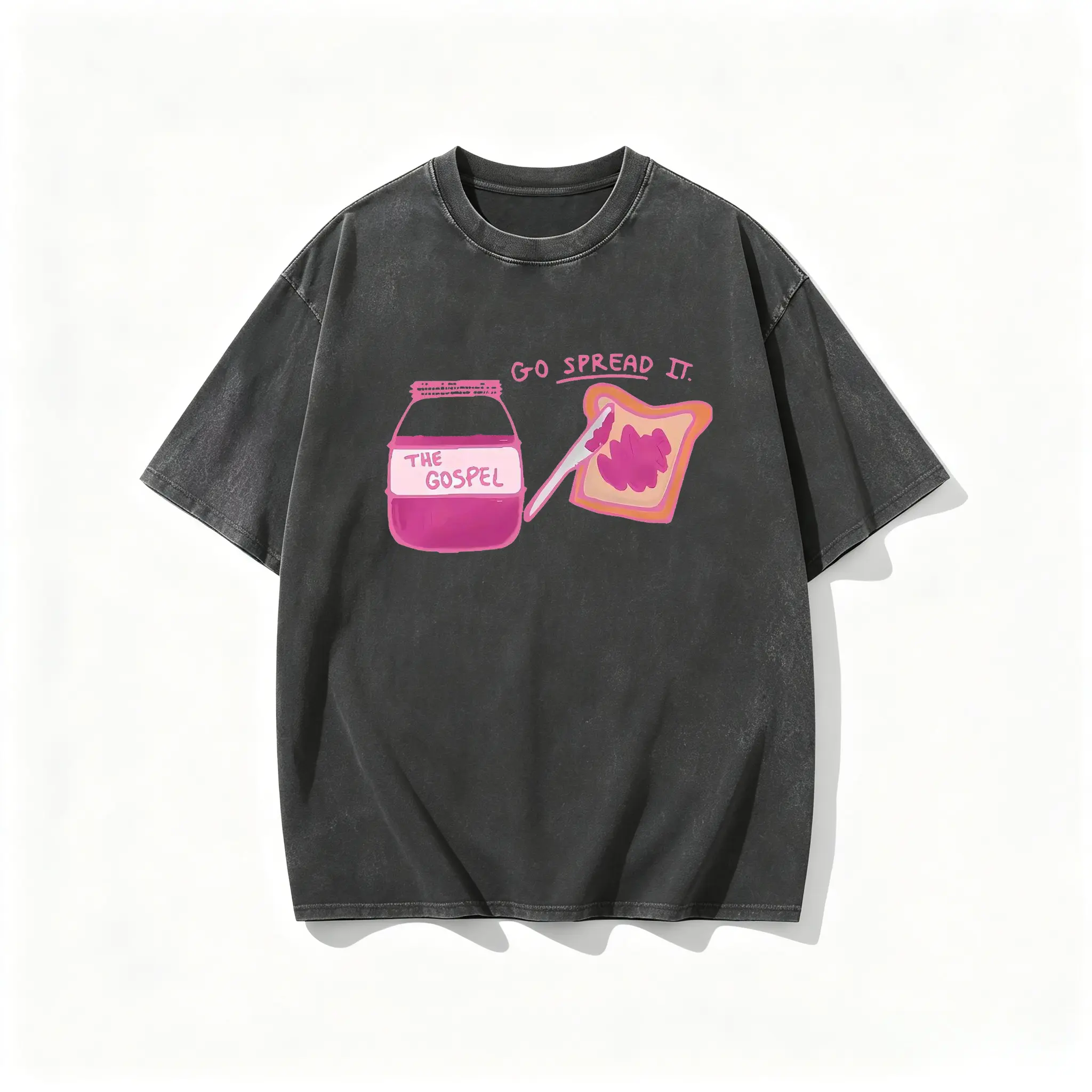 100% Washed Cotton Vintage Distressed Go Spread It The Gospel Jam Toast Pun Graphic T Shirt Pink Jelly Jar Bread Knife Religious Faith Funny Wordplay Unisex Oversized Crew Neck Streetwear Short Sleeve Tee Black Casual