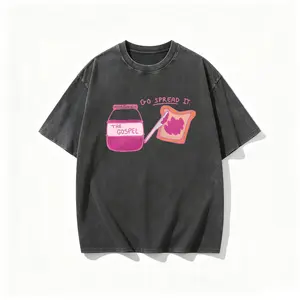 100% Washed Cotton Vintage Distressed Go Spread It The Gospel Jam Toast Pun Graphic T Shirt Pink Jelly Jar Bread Knife Religious Faith Funny Wordplay Unisex Oversized Crew Neck Streetwear Short Sleeve Tee