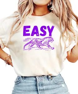 Purple Easy Tiger Shirt for Adults - Trendy Oversized T-Shirt - Fun and Unique Graphic Tee for Women and Teens - Purple Tiger Shirt