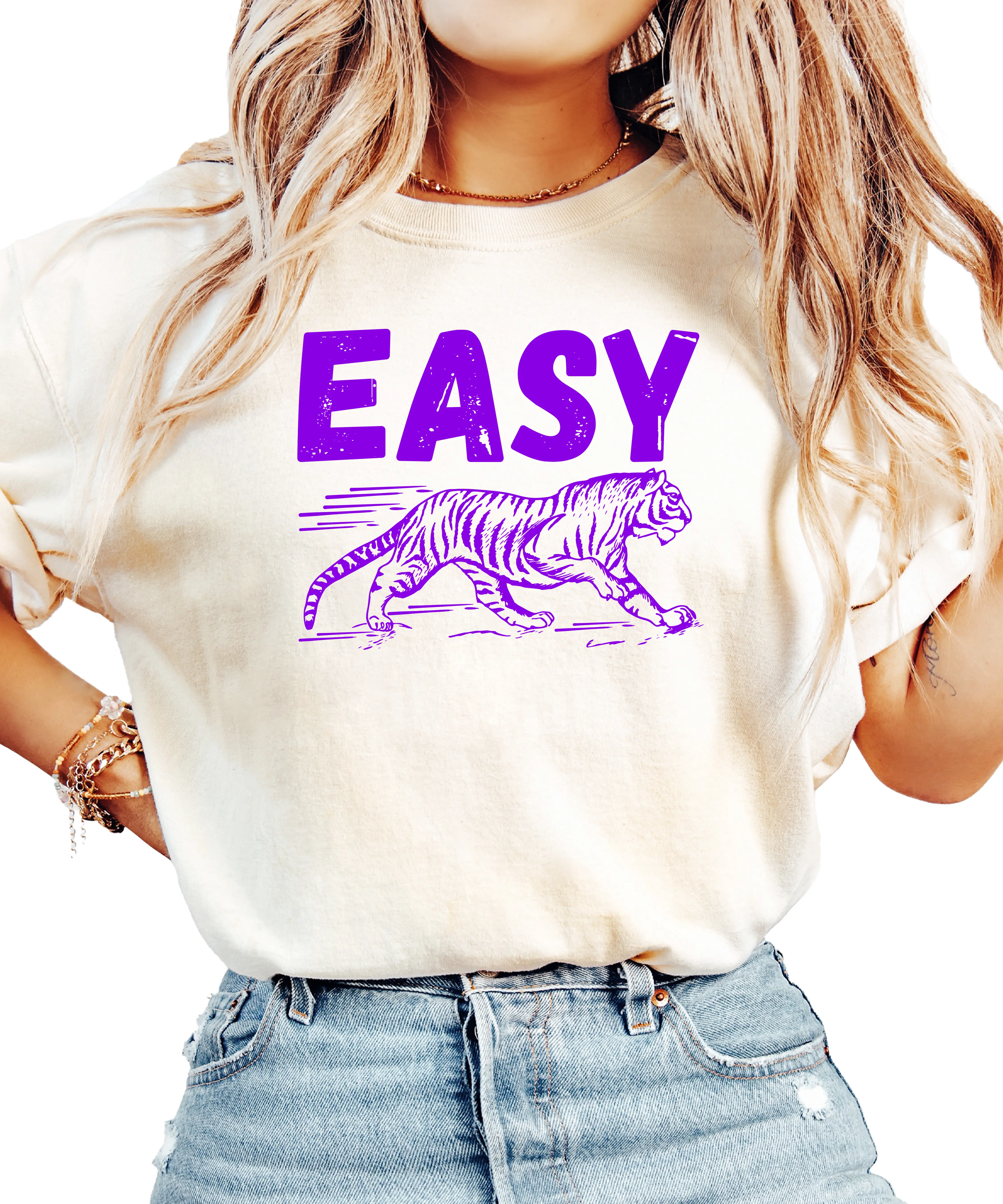Purple Easy Tiger Shirt for Adults - Trendy Oversized T-Shirt - Fun and Unique Graphic Tee for Women and Teens - Purple Tiger Shirt