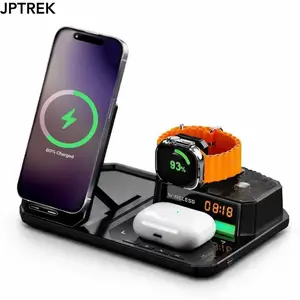 JPTREK 6-in-1 Wireless Charging Station with Auto Lifting Stand, LED Night Light, Digital Clock, Phone Watch Earbuds Charging Dock for iPhone, Android, Apple Watch and AirPods, Desktop Organizer Gift