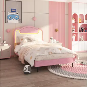 Full Twin  Size Upholstered Bed Frame with Soft Fabric & Adjustable Headboard – Easy to Install, Noise-Free Design, LED Lights Included, No Box Spring Needed, Chic Platform Bed for Girls (Pink)