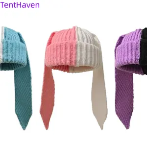 2026 new color blocked personalized knitted hat with long rabbit ears, women's autumn and winter cute big head circumference contrasting yarn hat