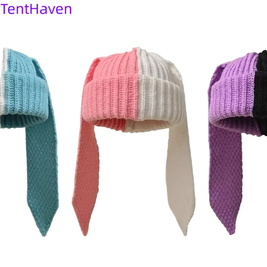 Women's 2026 Color-Blocked Personalized Beanie - Long Rabbit Ears, Contrasting Yarn, Big Head Circumference, Autumn & Winter Sports & Outdoor Hat for Women, Hats For Women, Beanies