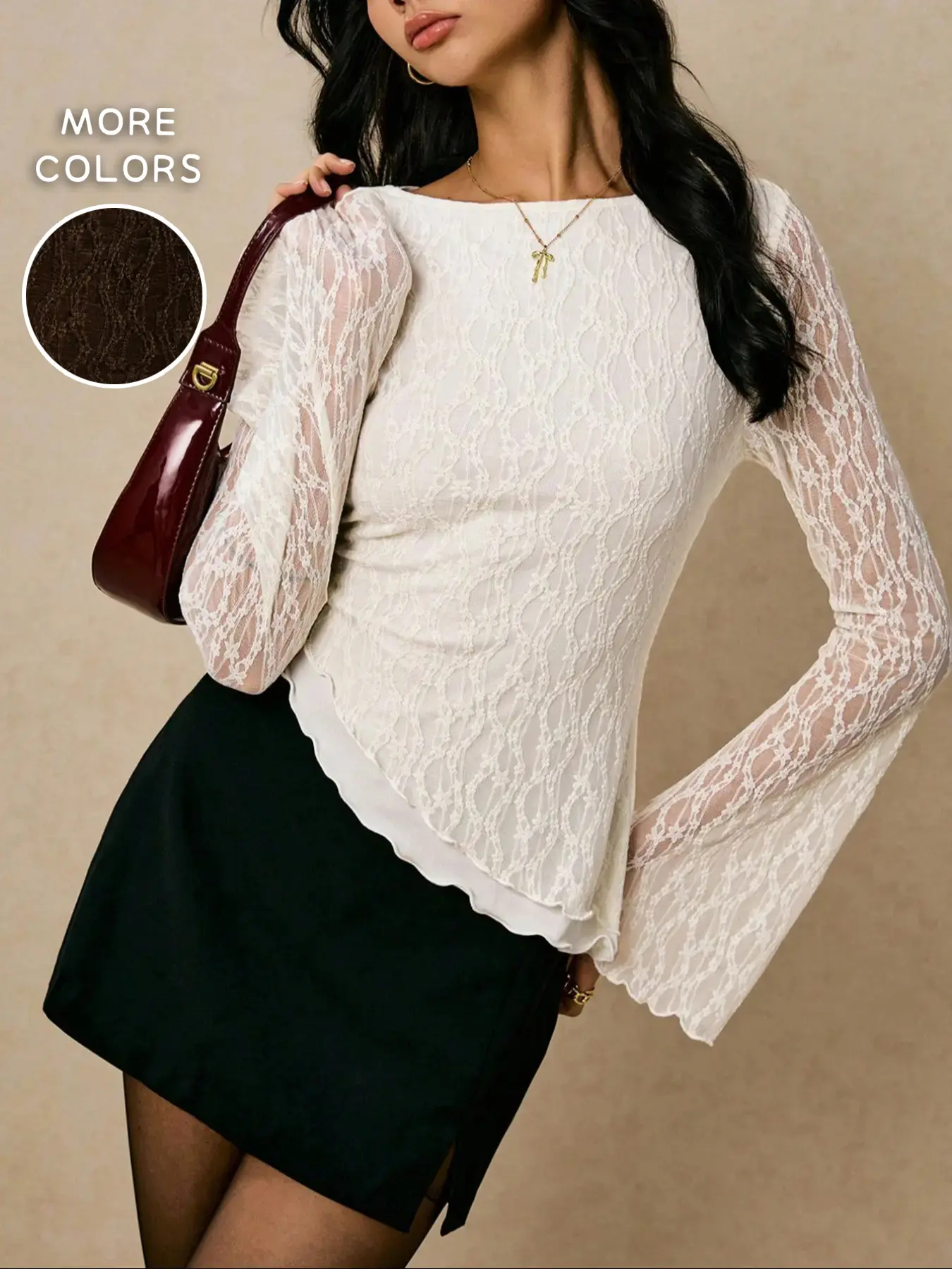 Elegant Chic Women's Lace Top with Flounce Sleeves, Long Sleeves, Asymmetrical Hemline, Wavy Edge Design, Perfect for Spring, Casual & Office Wear, Womenswear