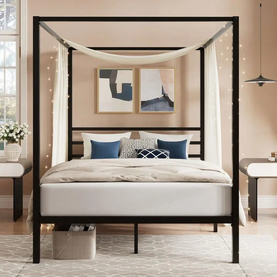 Black Metal Canopy Platform Bed Frame - Full/Queen Size, 4-Post Modern Design, 1000lb Capacity Iron Slats Support, No Box Spring Needed, Noise-Free, Easy Assembly Indoor Furniture for Single Adult (Canopy Bedroom Ideas, Modern Bedroom)